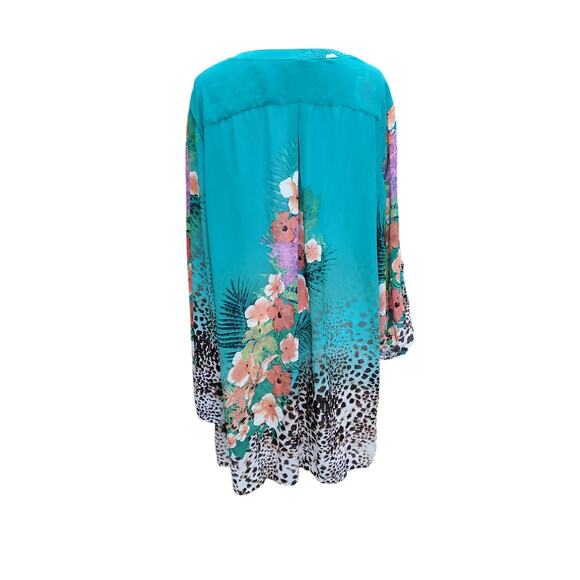 Soft Surroundings Teal Blue Green Printed Floral Top Roll Tab Sleeves Sz 1X - Picture 9 of 12